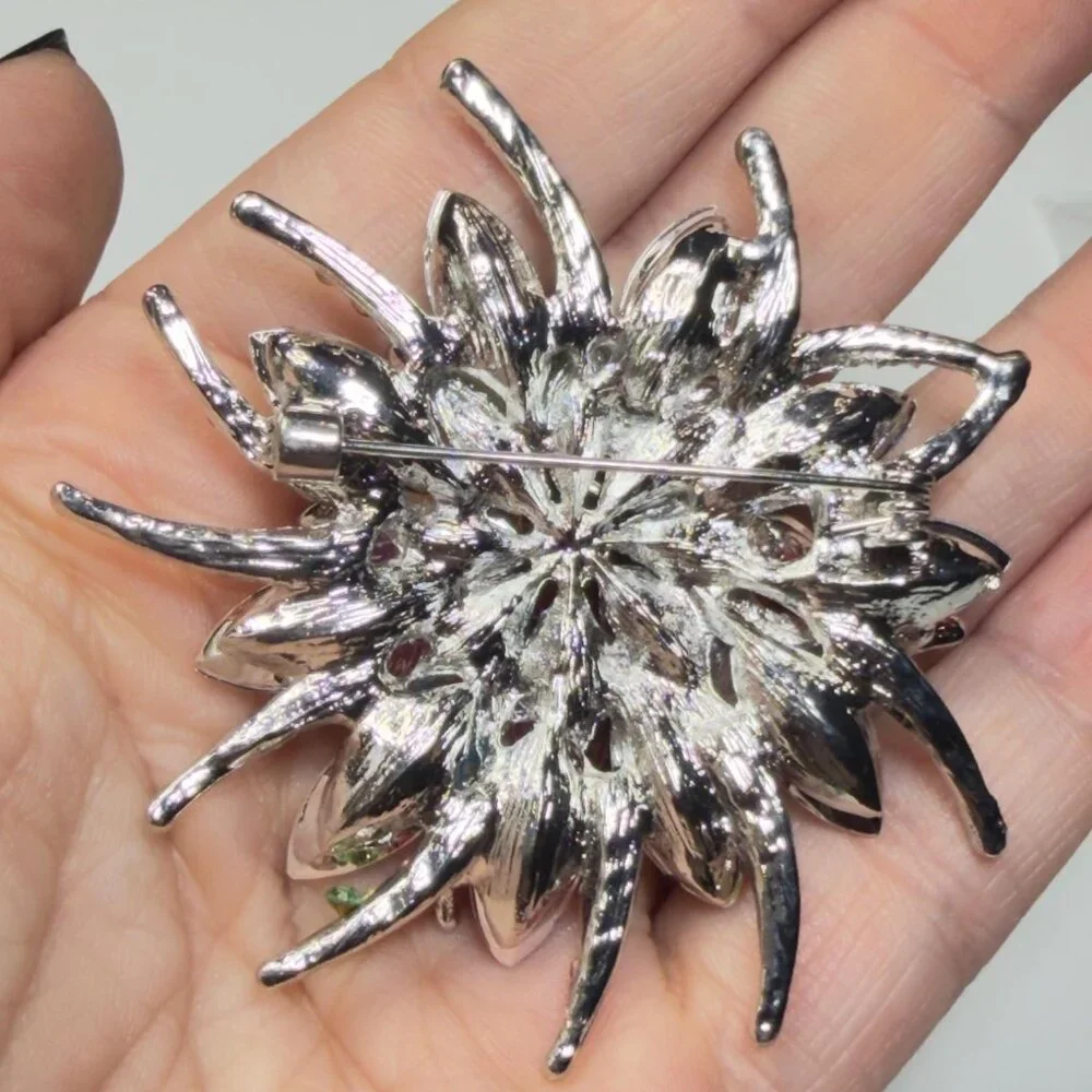 Flower Brooch Multicolor Rhinestone Statement Pin Large Crystal Floral 2.75”